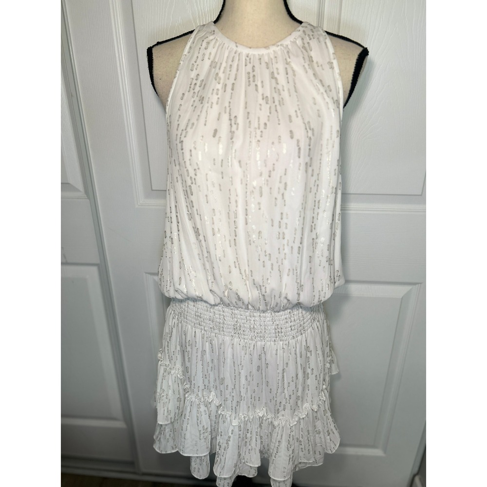 Ramy Brook Mini Dress Smocked XL White‎ Gold Drop Waist Metallic Ruffle Tiered